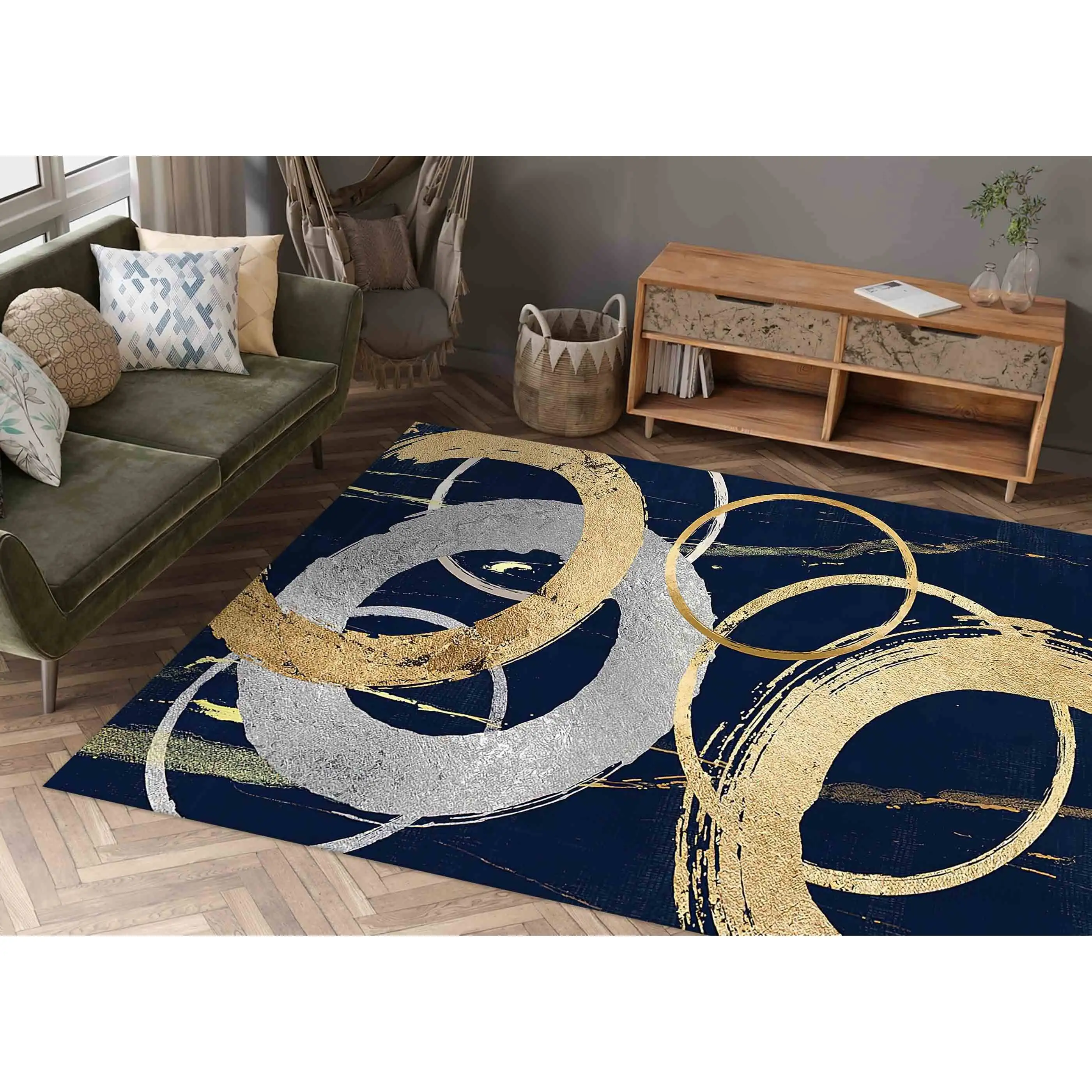 Gold and Silver Rings Rug: Contemporary Indoor/Outdoor Decor,Chenille Rug