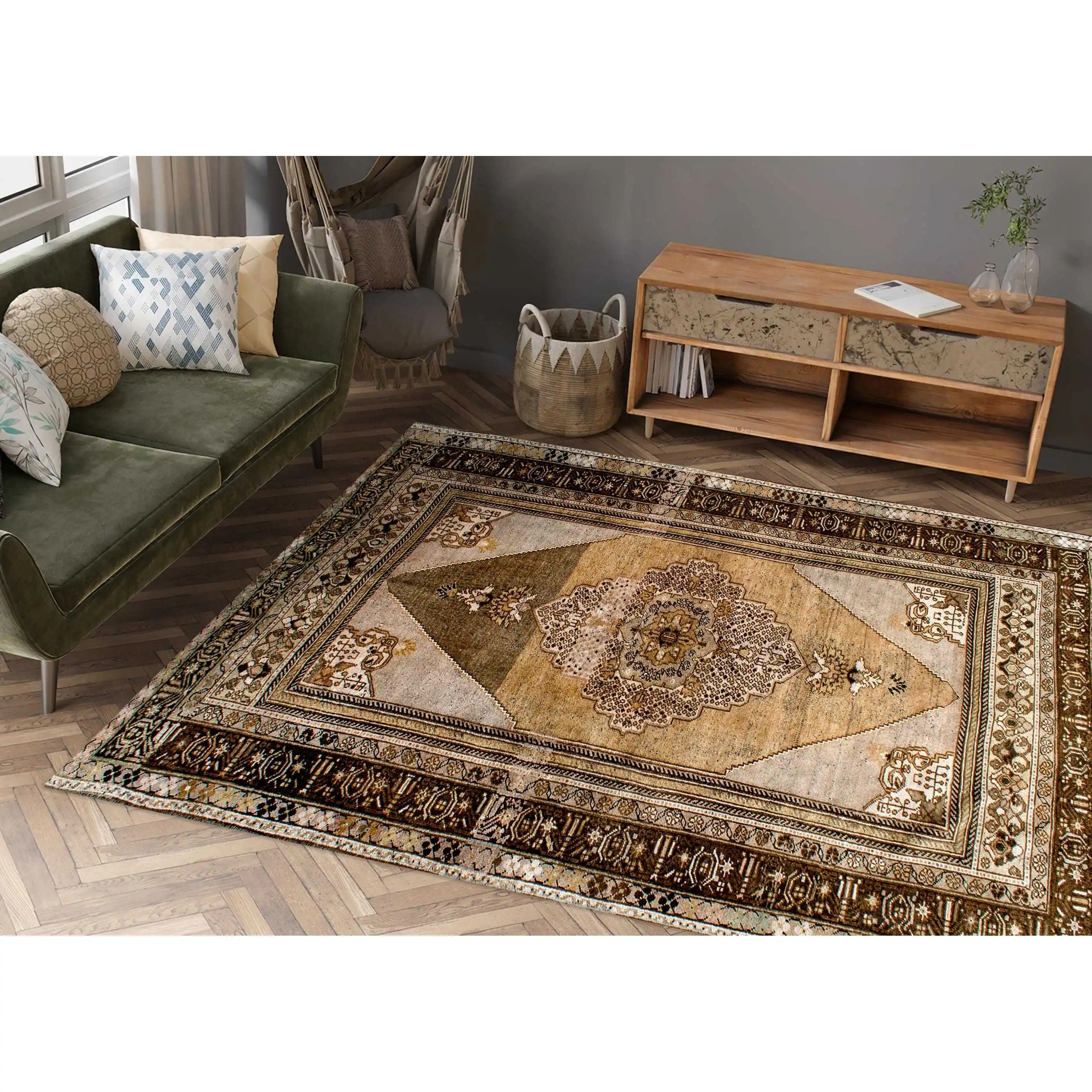 Brown Medallion Turkish Rug: Ethnic Anatolian Style Printed Rug,With Pile Soft Rug