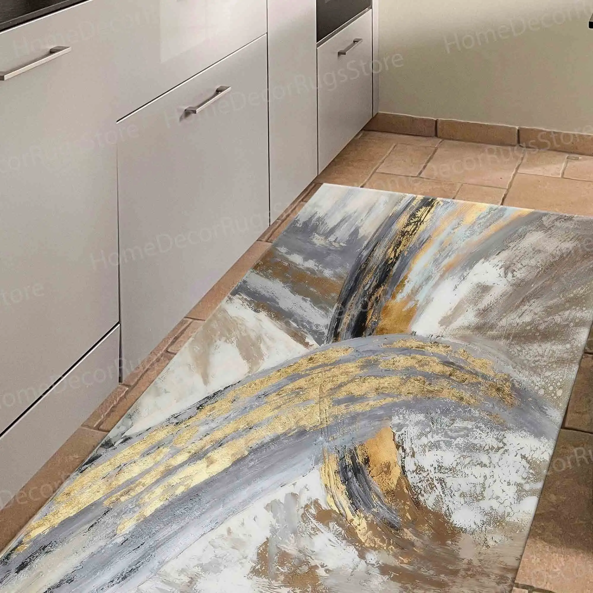 Gold Chenille Patchwork Printed Wool Rug with Latex Backing Traditional Anti-Slip Design