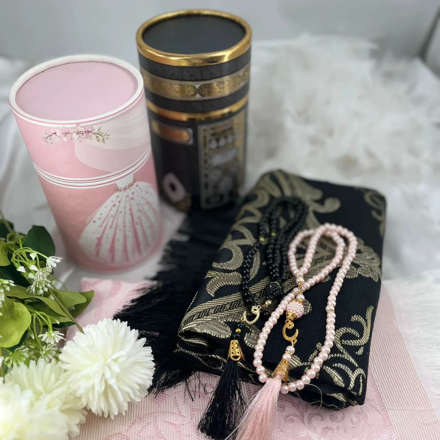 Wedding Couple Prayer Mat Tasbeeh with Gift Box Pink Black Seccade Islamic Wedding Favors Muslim Bride Groom Gift Set