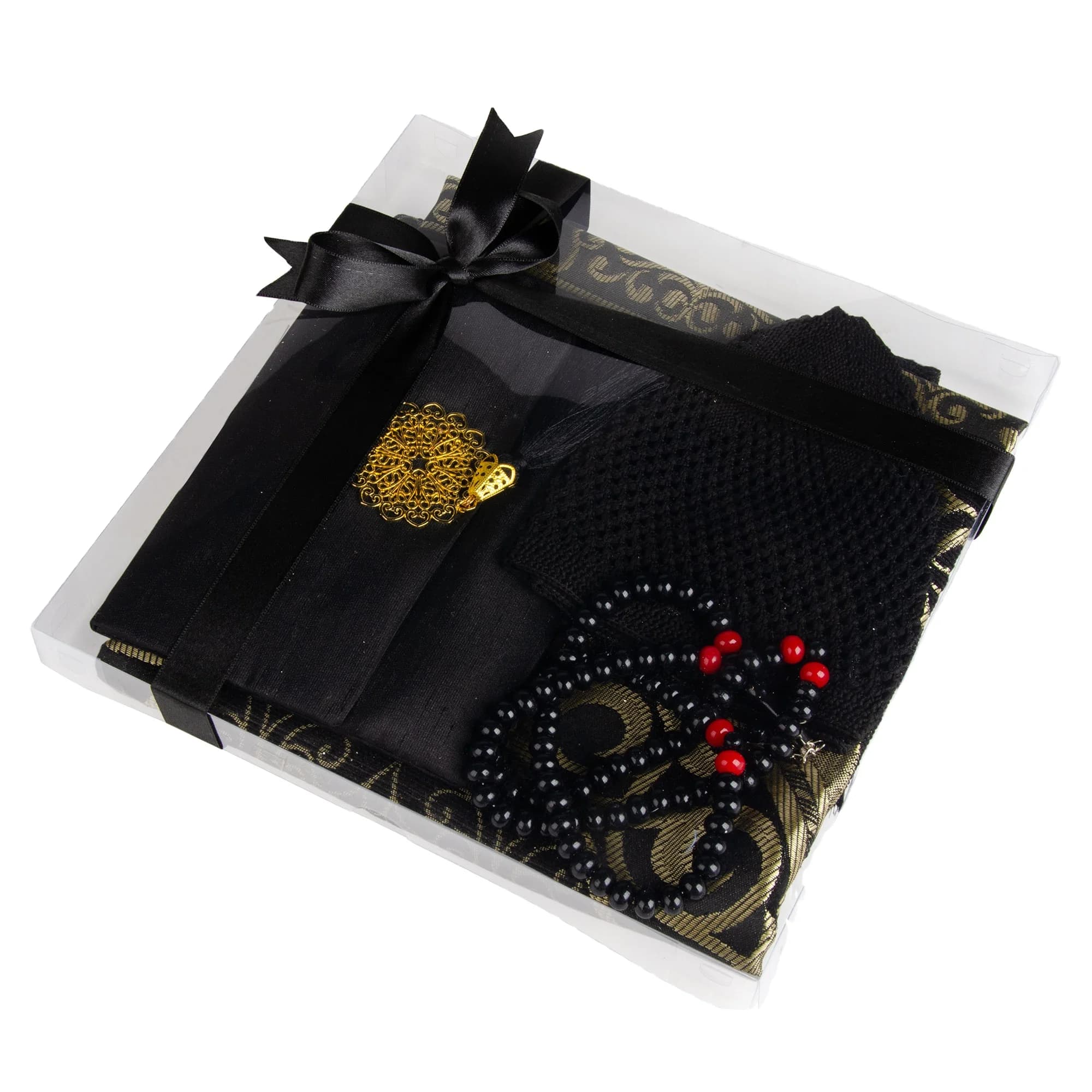 Black Yaseen Prayer Gift Set , Prayer Mat, Tasbih, Kufi Cap & Yaseen Book in Shantung Bag, Perfect Father’s Day & Groom Gift