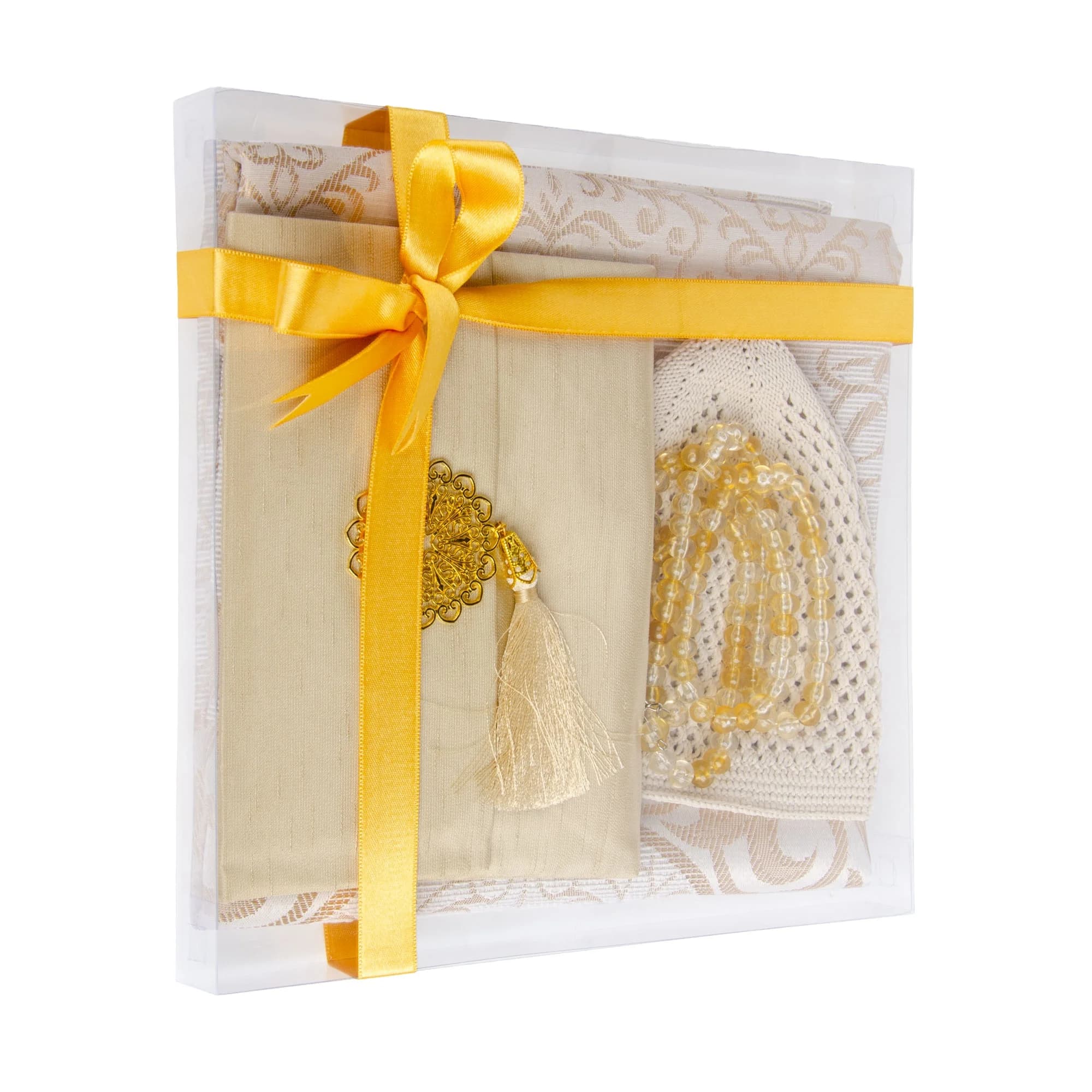 Beige Yaseen Prayer Gift Set , Prayer Mat, Tasbih, Kufi Cap & Yaseen Book in Shantung Bag, Perfect Father’s Day & Groom Gift