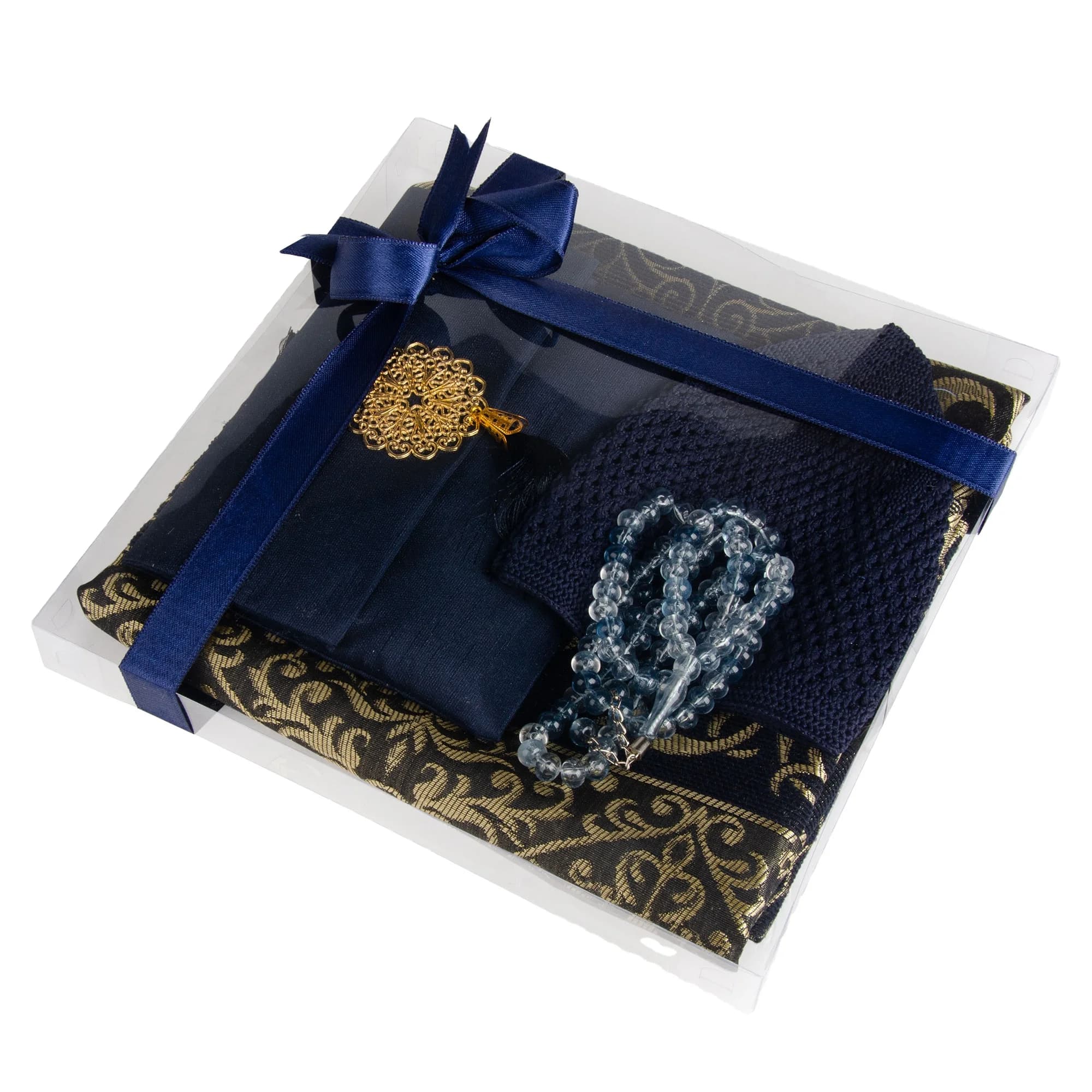 Dark Blue Muslim Washable Yaseen Prayer Gift Set Prayer Mat Tasbih Kufi Cap Shantung Bag-Perfect Fathers Day Groom Gift