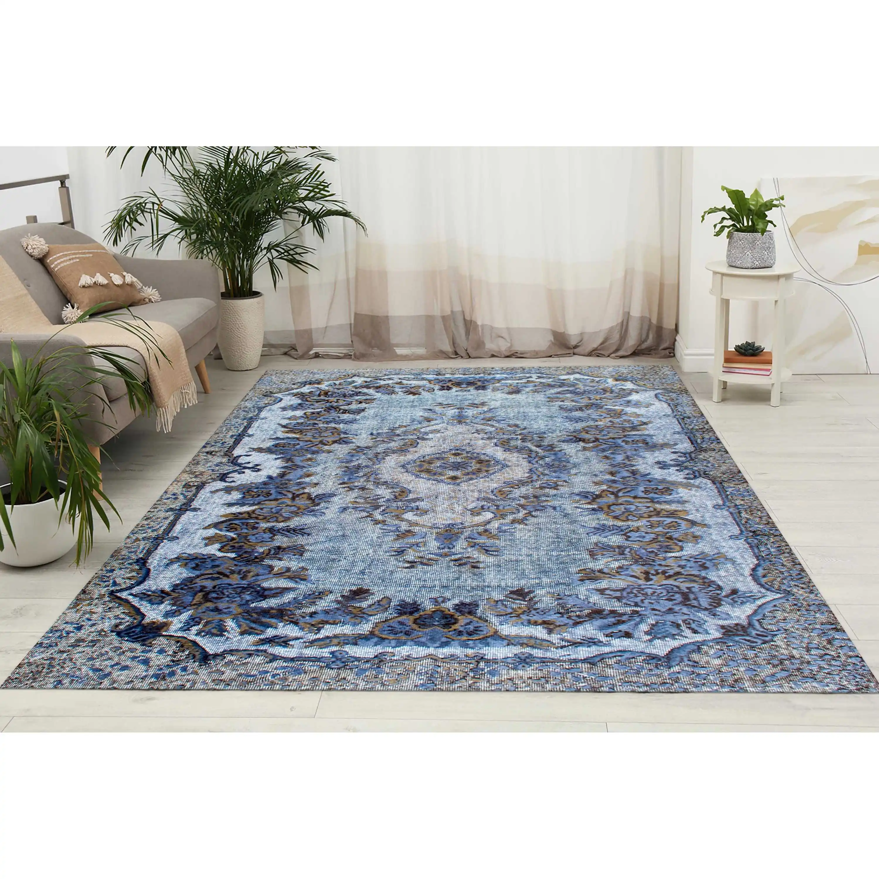 Gray Medallion Turkish Rug: Anatolian Art Decor Printed Rug,Nonwoven Thin Rug