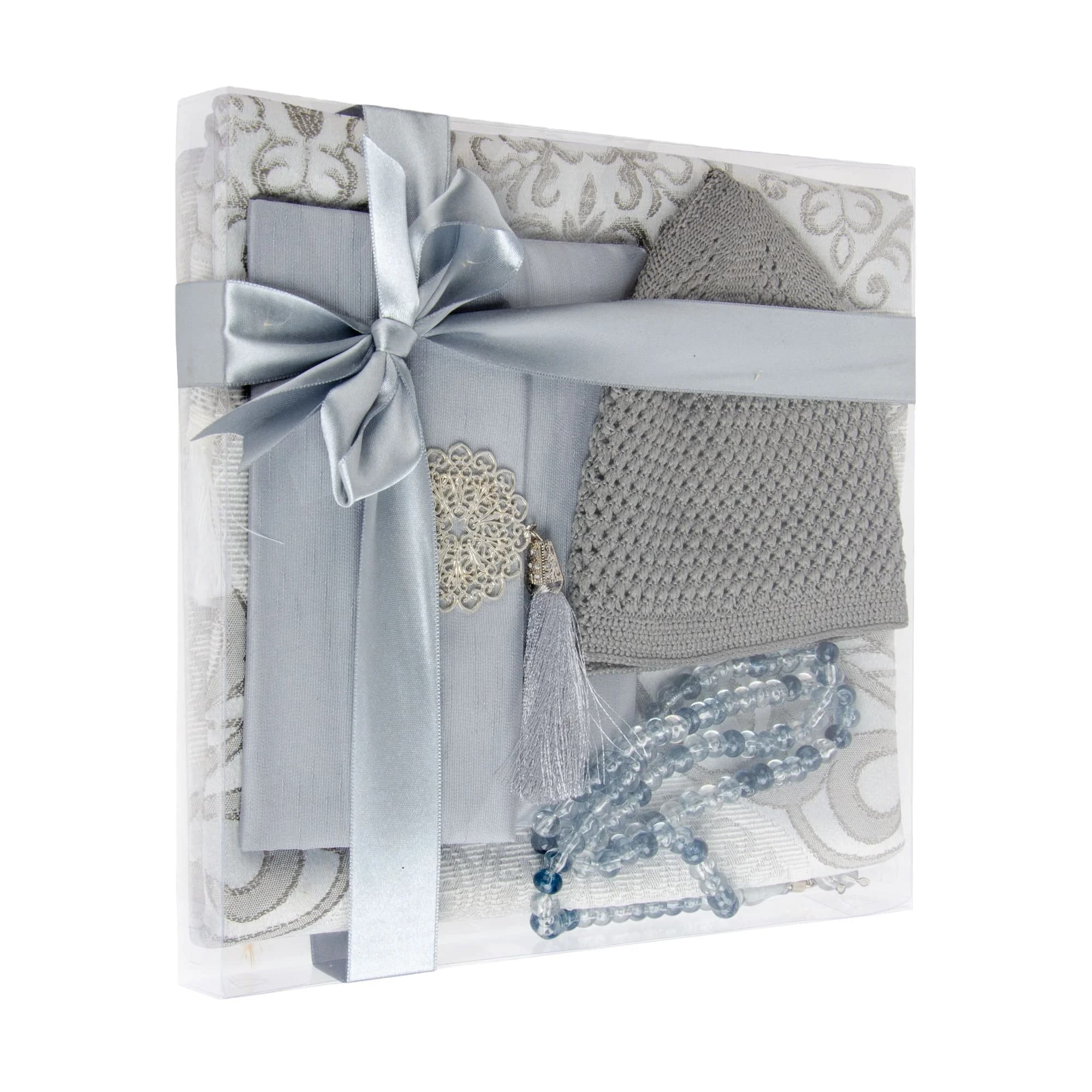 Gray Yaseen Prayer Gift Set , Prayer Mat, Tasbih, Kufi Cap & Yaseen Book in Shantung Bag, Perfect Father’s Day & Groom Gift